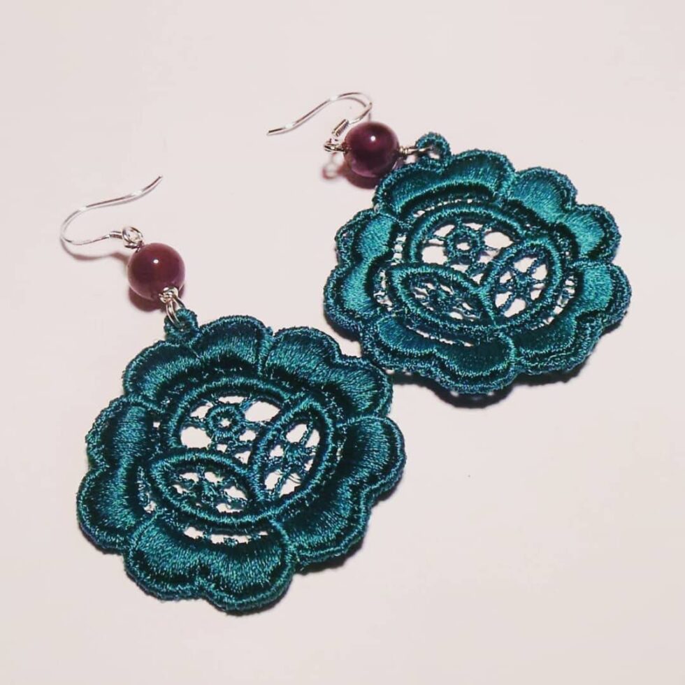 Silver Earrings with LineaErre petrol blue embroidery and amethyst