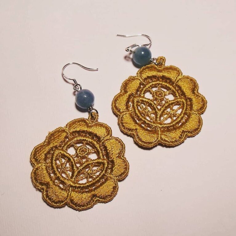 Silver Earrings with LineaErre golden embroidery and angelite