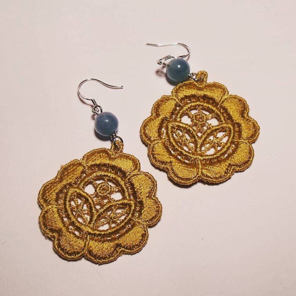 Silver Earrings with LineaErre golden embroidery and angelite