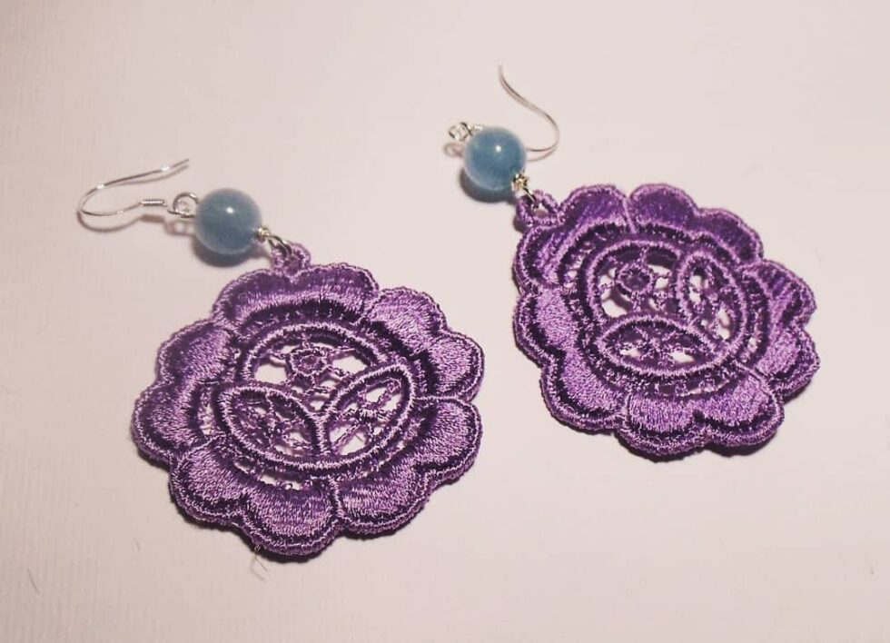 Silver Earrings with LineaErre lilac embroidery and angelite