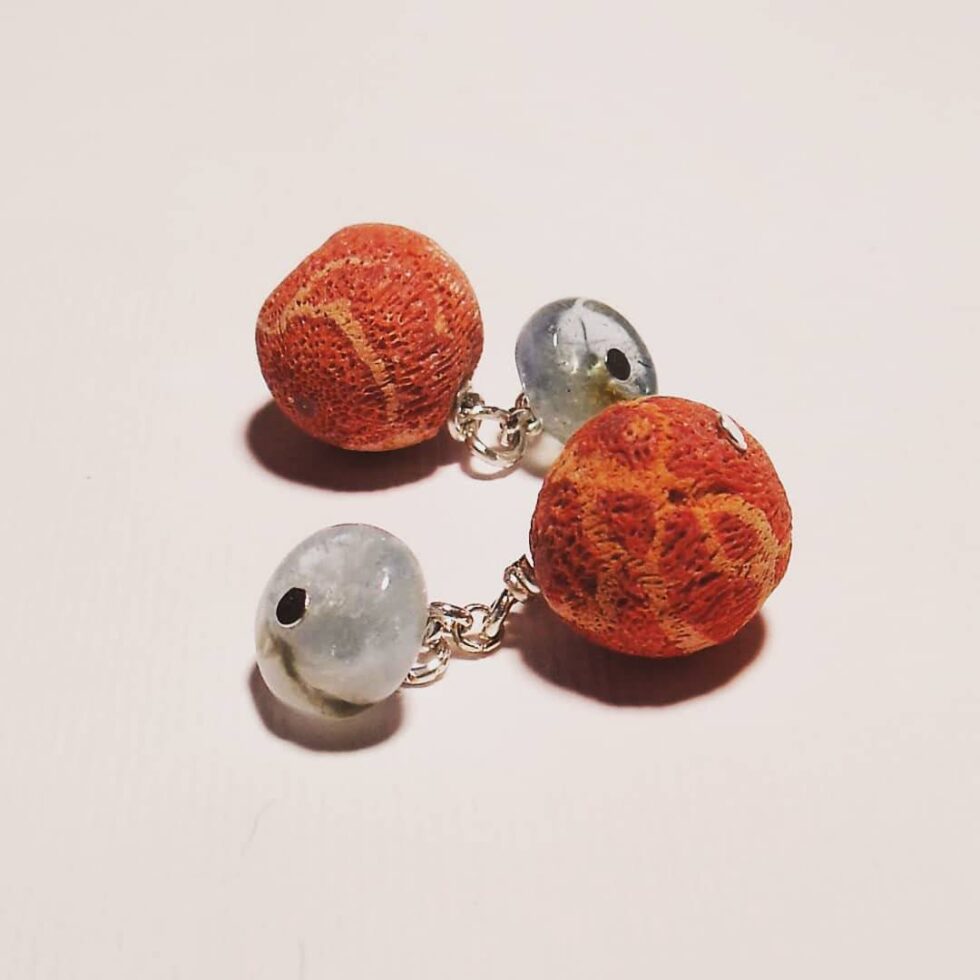 Cufflinks with coral and aquamarine