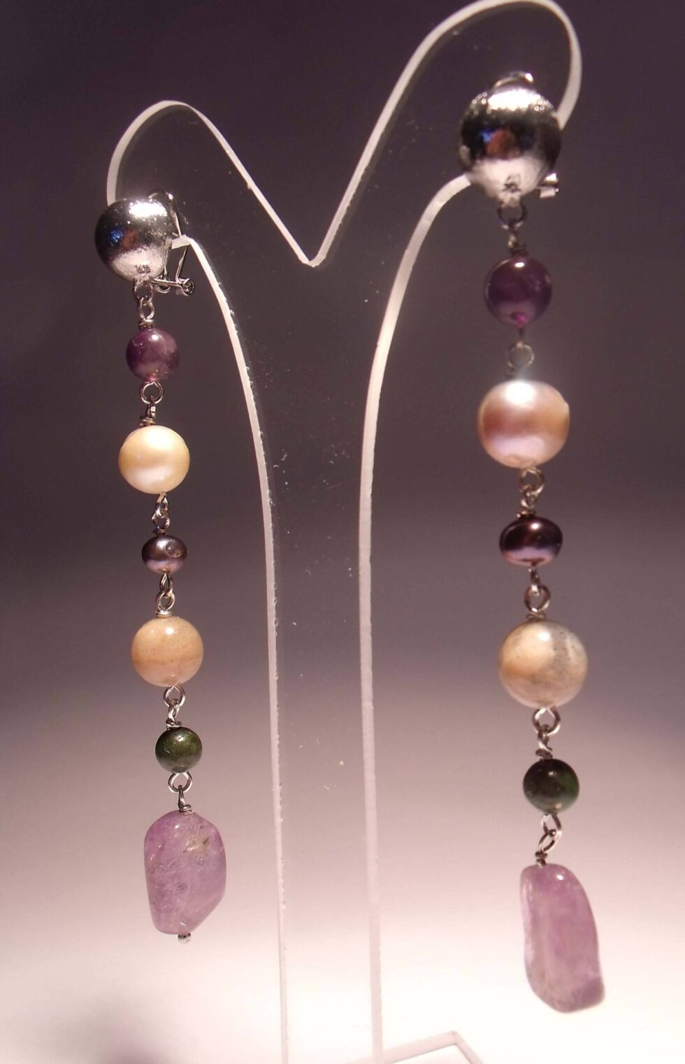 Earrings with freshwater pearls, amethyst, jade, moonstone