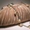 Ivory satin clutch with pleated pattern with chain and pearls