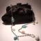 Black satin clutch with chain, pearls, turquoise and madrepora