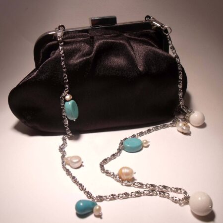 Black satin clutch with chain, pearls, turquoise and madrepora