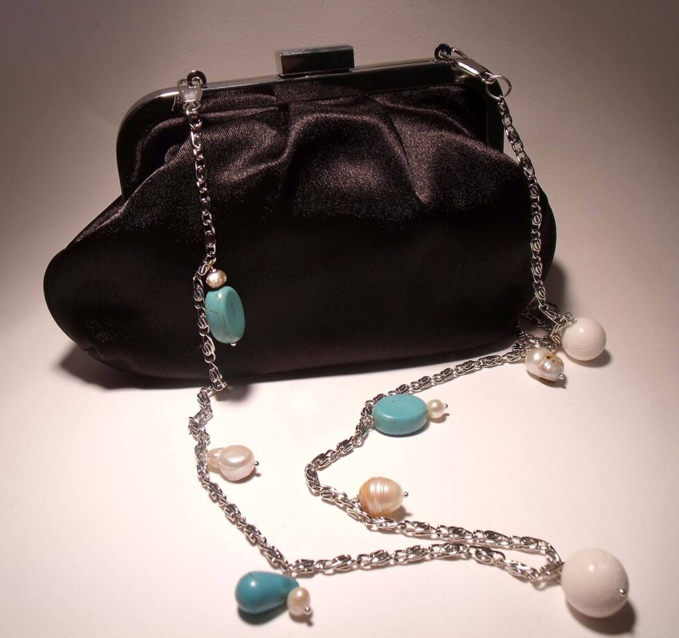 Black satin clutch with chain, pearls, turquoise and madrepora
