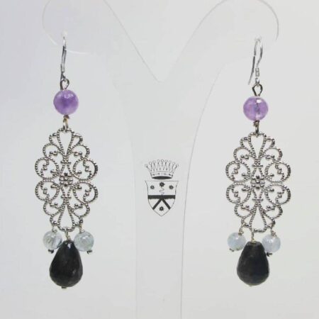 Silver earrings with prehnite, amethyst and astrophyllite