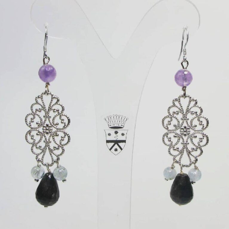 Silver earrings with prehnite, amethyst and astrophyllite