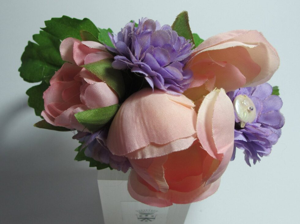 Alice band in pink satin with flower and pearls