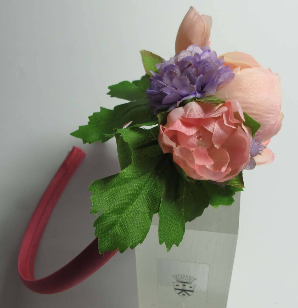 Alice band in pink satin with flower and pearls