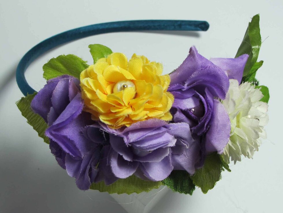 Headband in petrol blue satin with silk flower and freshwater pearls