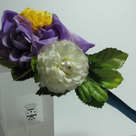 Headband in petrol blue satin with silk flower and freshwater pearls