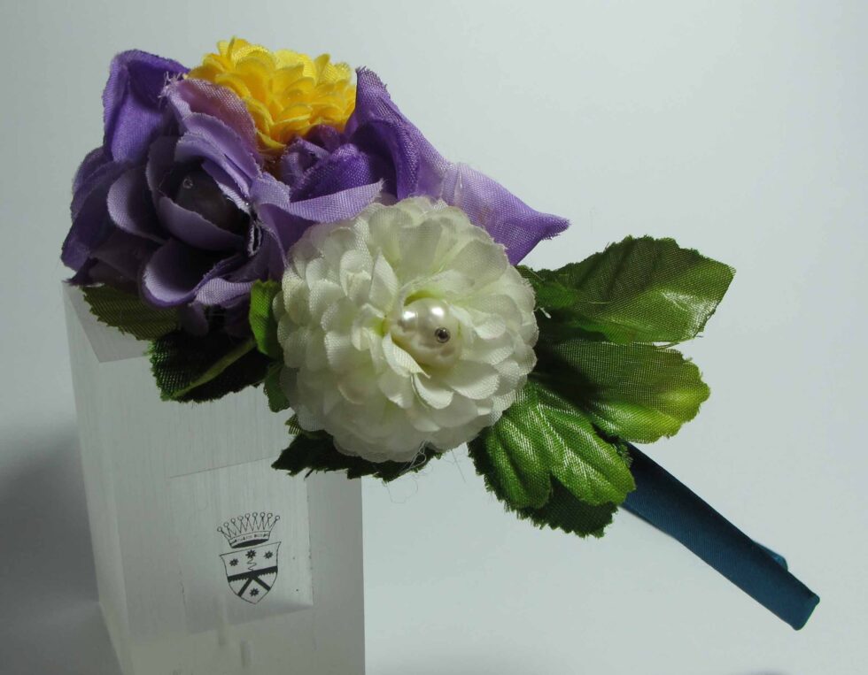 Headband in petrol blue satin with silk flower and freshwater pearls