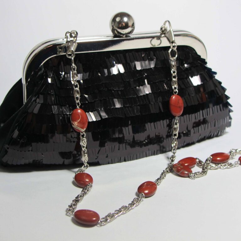 Mini-clutch with pailletes and red jasper