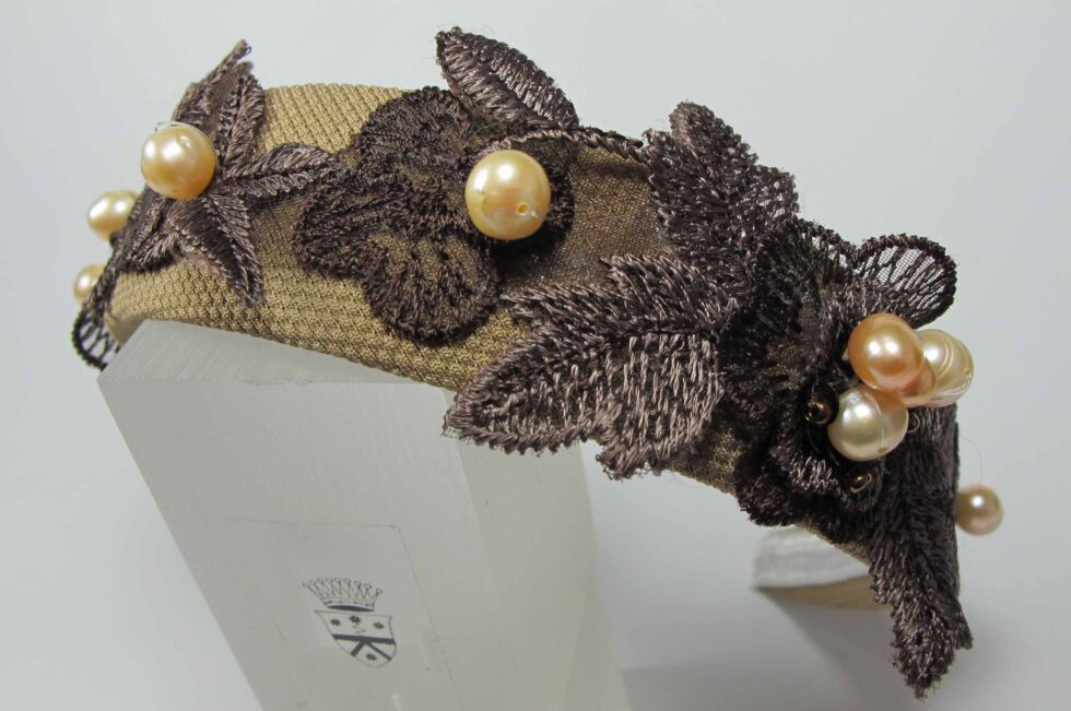 Alice band with brown embroidery and pink pearls