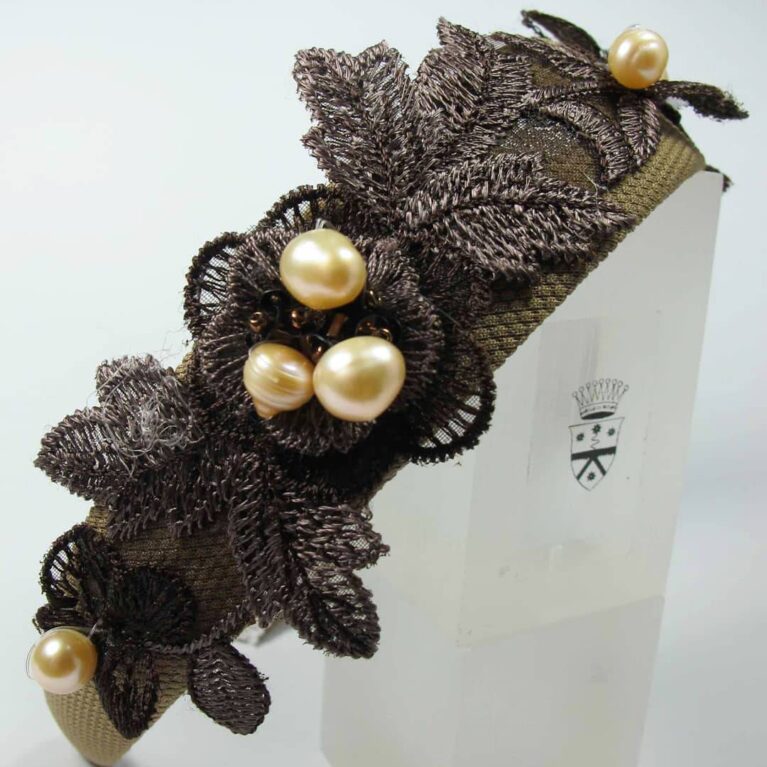Alice band with brown embroidery and pink pearls