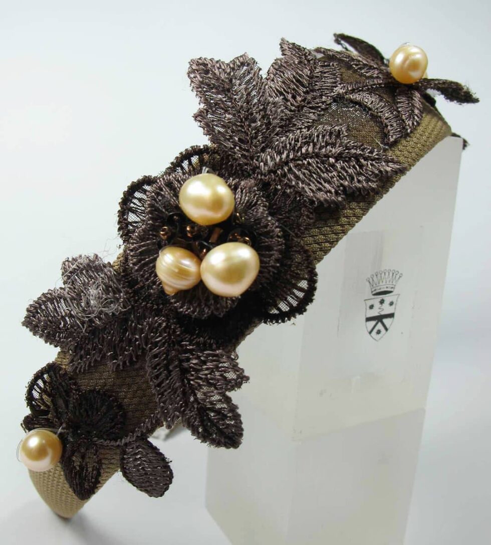 Alice band with brown embroidery and pink pearls