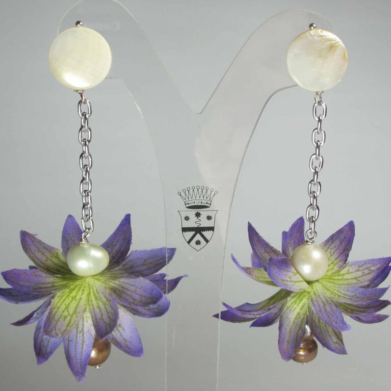 Earrings with silk flower, pearls, hematite and mother of pearl