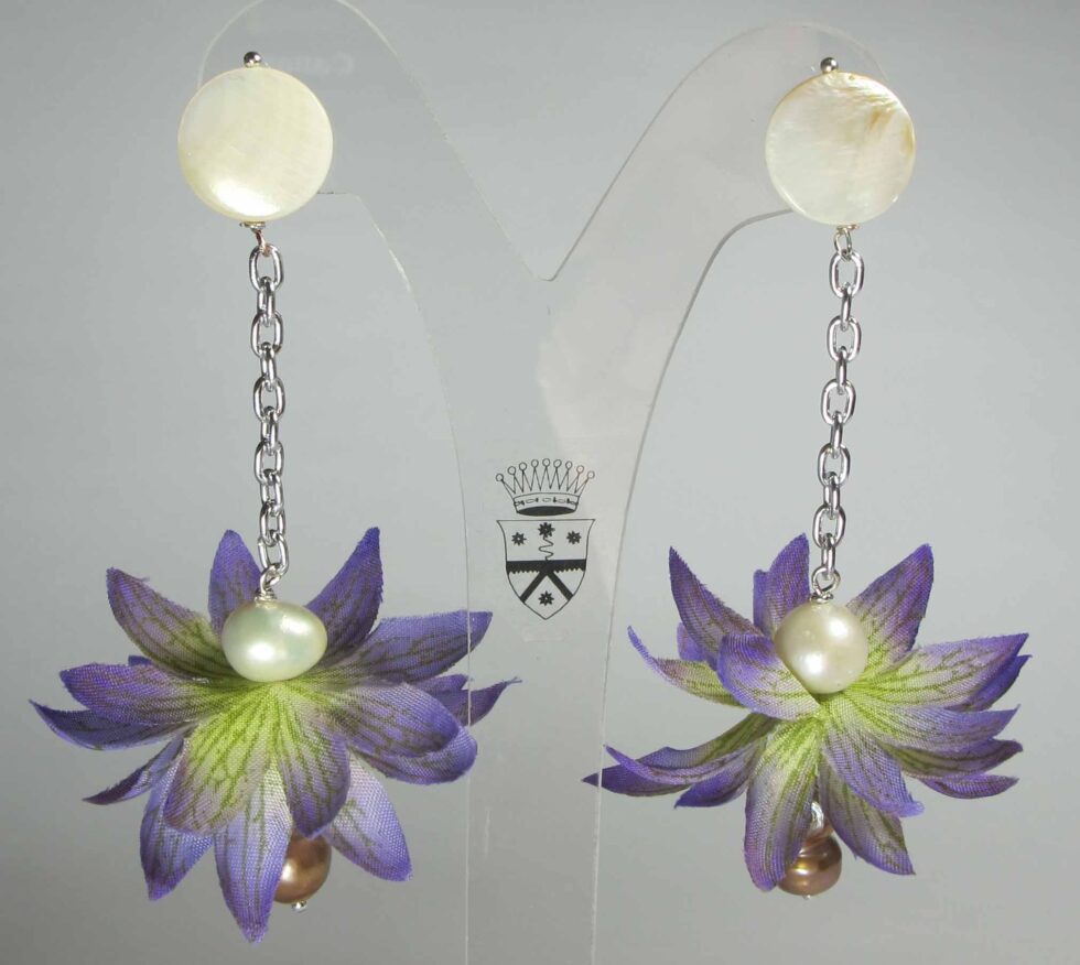 Earrings with silk flower, pearls, hematite and mother of pearl