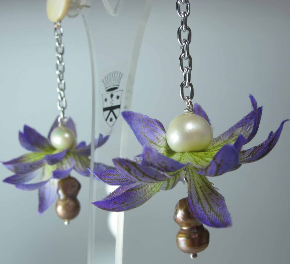 Earrings with silk flower, pearls, hematite and mother of pearl