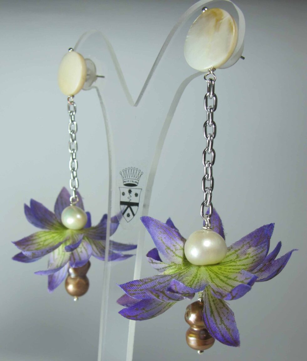 Earrings with silk flower, pearls, hematite and mother of pearl