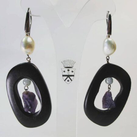 Silver earrings with pearls, ebony, amethyst and aquamarine