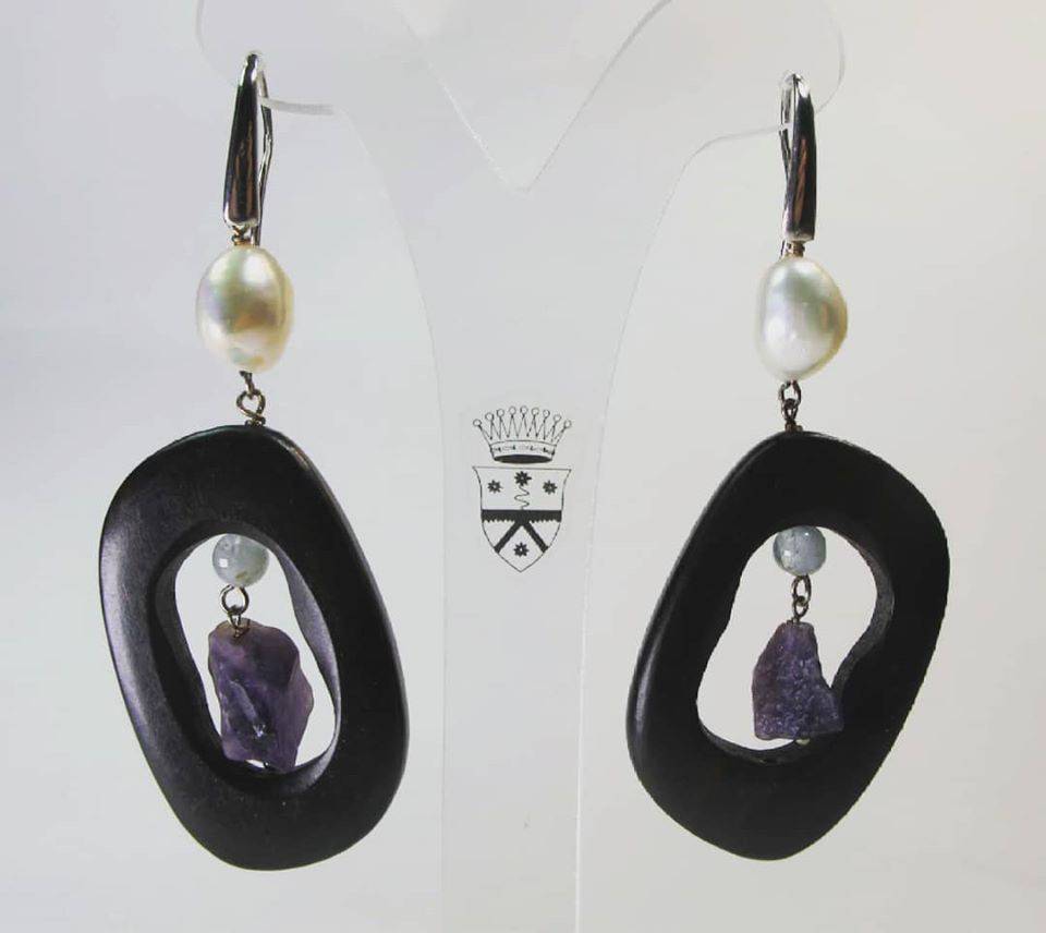 Silver earrings with pearls, ebony, amethyst and aquamarine