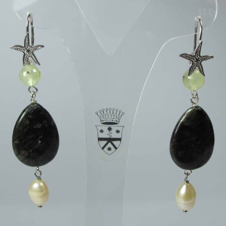 Silver earrings with astrophyllite, prehnite and pearls