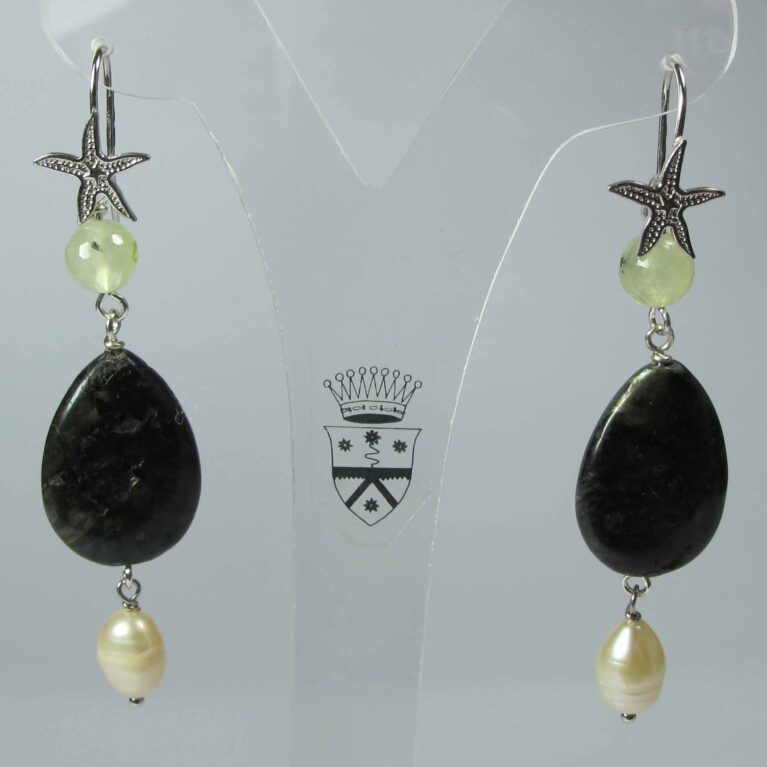 Silver earrings with astrophyllite, prehnite and pearls