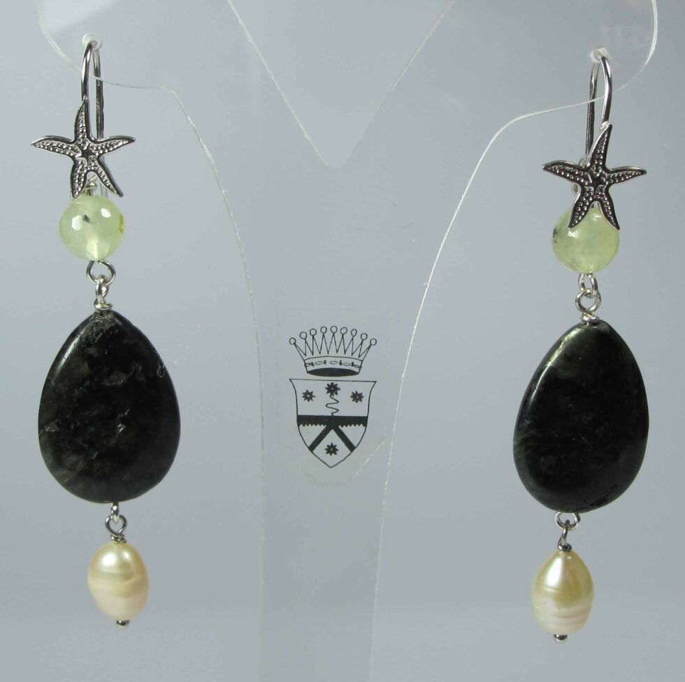 Silver earrings with astrophyllite, prehnite and pearls