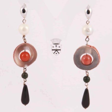 Silver earrings with pearls, onyx, agate of Botswana and African green jade