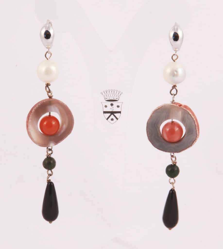Silver earrings with pearls, onyx, agate of Botswana and African green jade