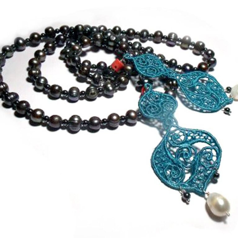 Long necklace with grey pearls, hematite and LineaErre embroidery teal, coral and white pearls