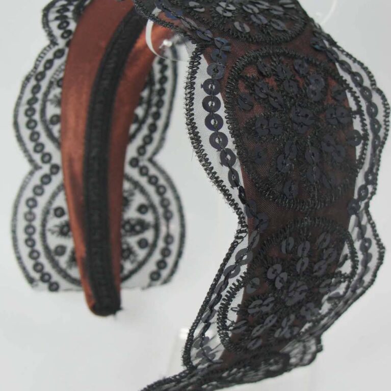 Alice band in brown satin with organza and paillettes