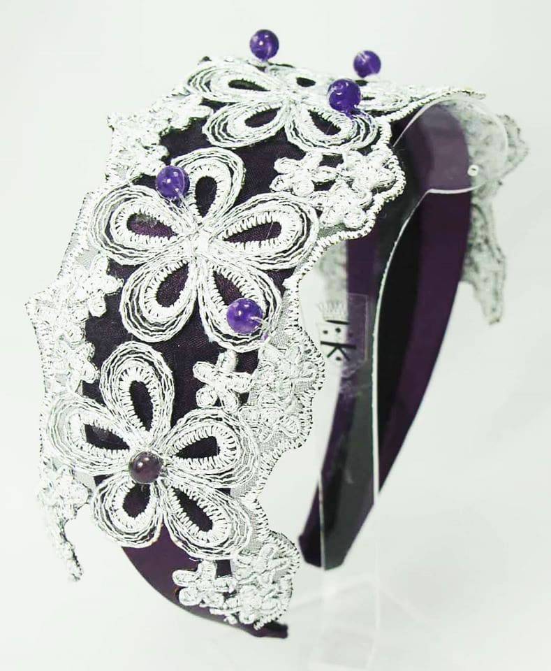 Alice band with embroidery and amethyst