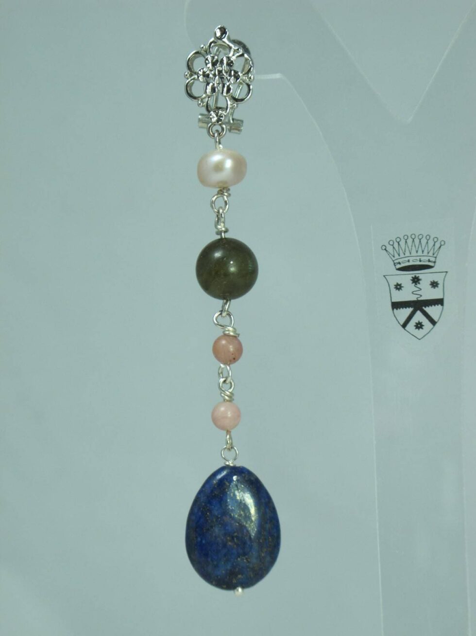 Earrings with freshwater pearls, lapis lazuli, rhodonite and labradorite