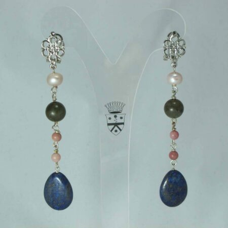 Earrings with freshwater pearls, lapis lazuli, rhodonite and labradorite