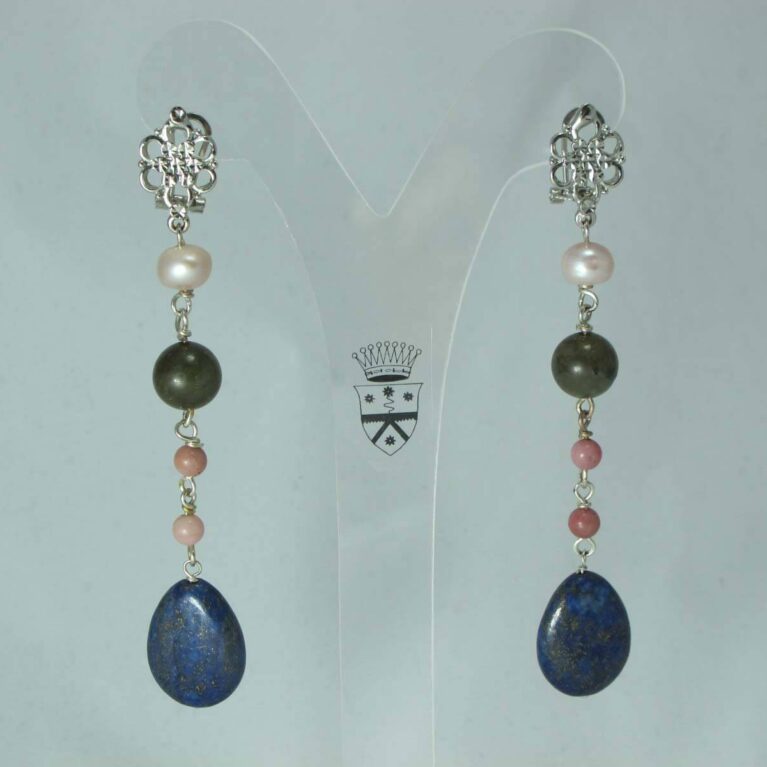 Earrings with freshwater pearls, lapis lazuli, rhodonite and labradorite