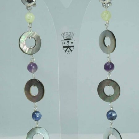 Earrings with mother of pearl, prehnite, fluorite and sodalite