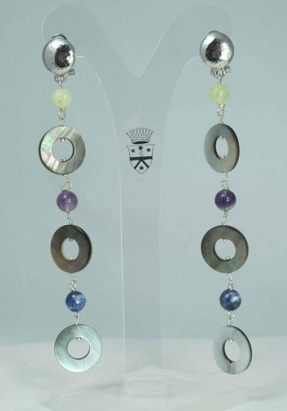 Earrings with mother of pearl, prehnite, fluorite and sodalite