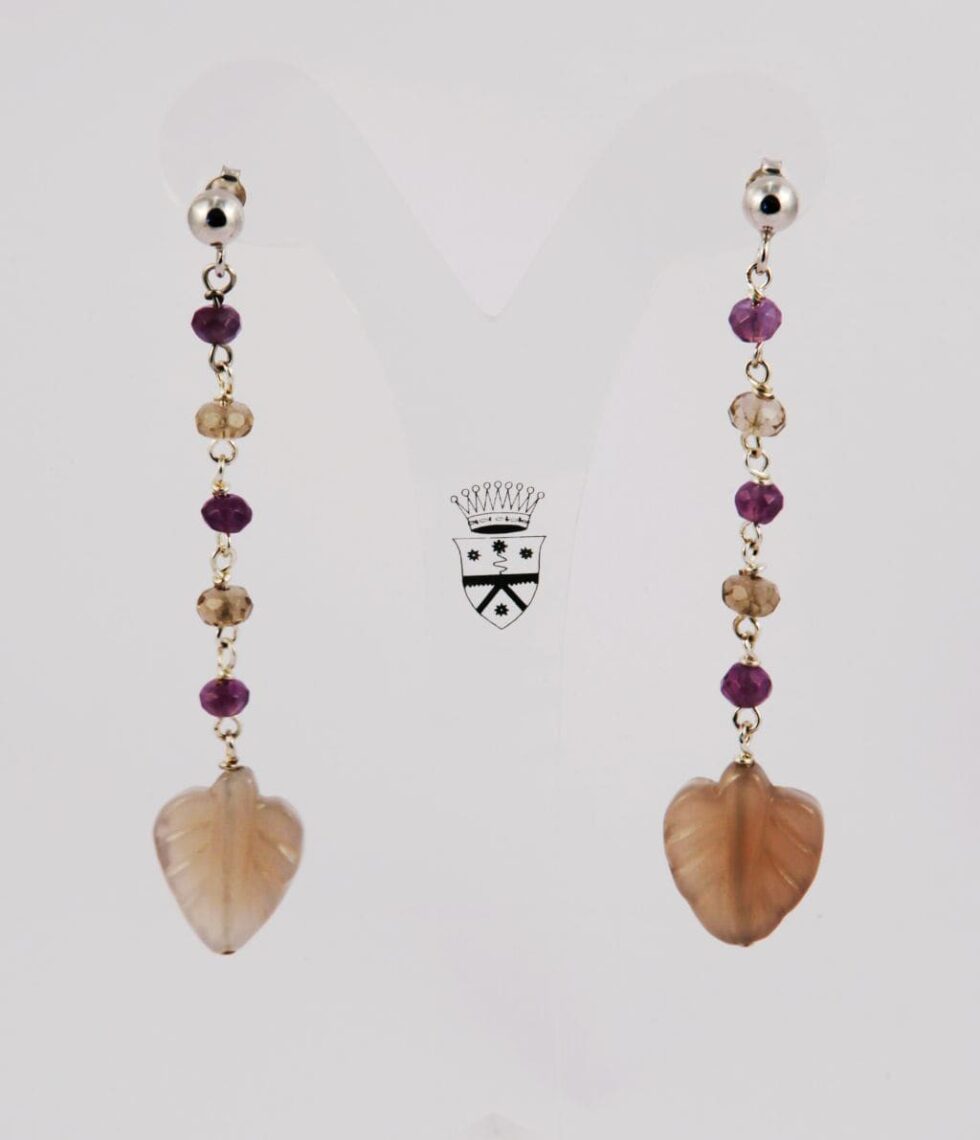 Siver earrings with agate, smoky quartz and amethyst