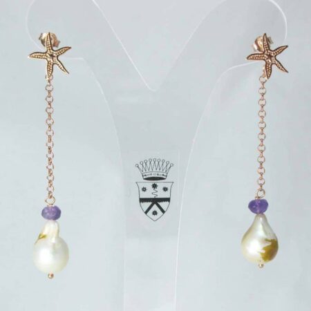 Pink silver sea star earrings with pearls and amethyst