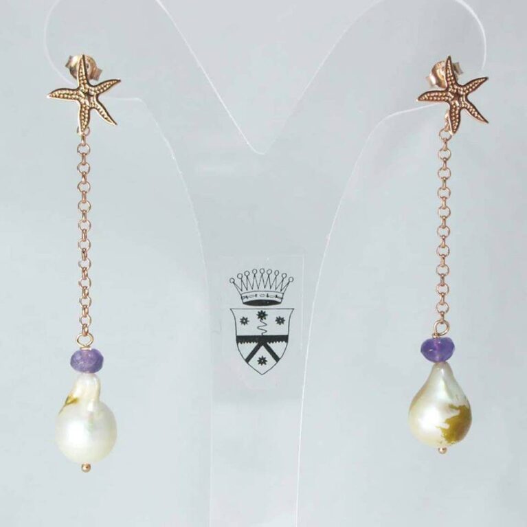 Pink silver sea star earrings with pearls and amethyst