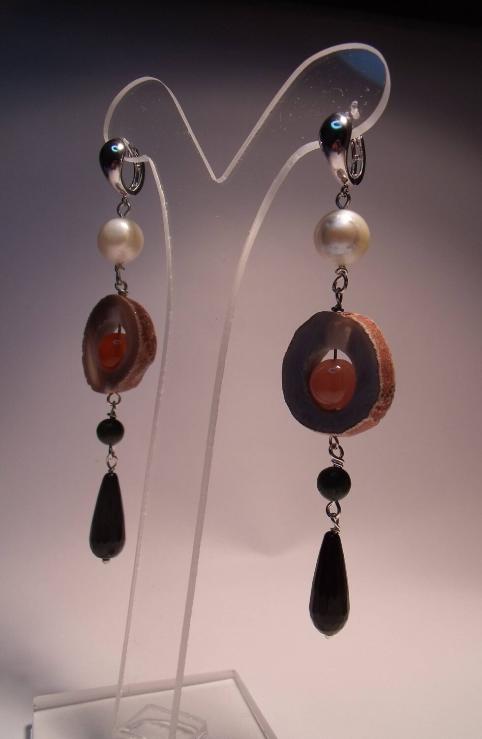 Silver earrings with pearls, onyx, agate of Botswana and African green jade