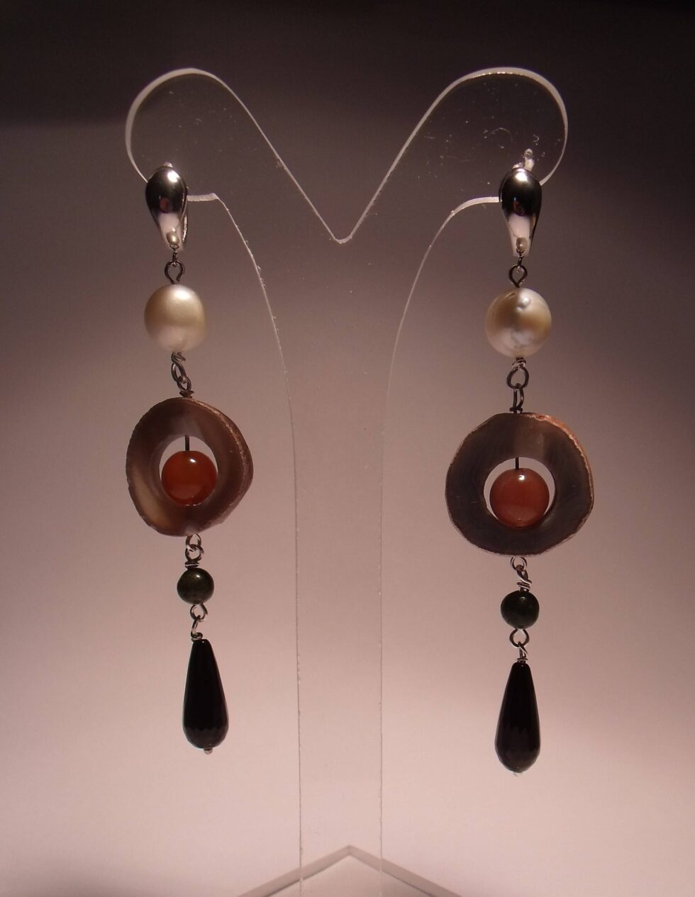 Silver earrings with pearls, onyx, agate of Botswana and African green jade