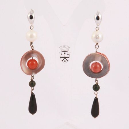 Silver earrings with pearls, onyx, agate of Botswana and jade