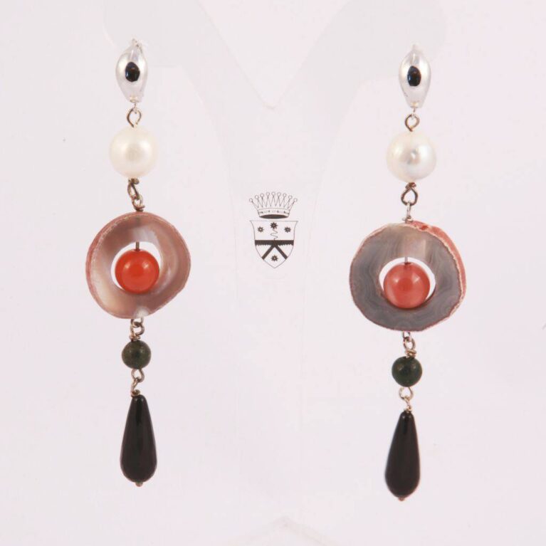 Silver earrings with pearls, onyx, agate of Botswana and jade