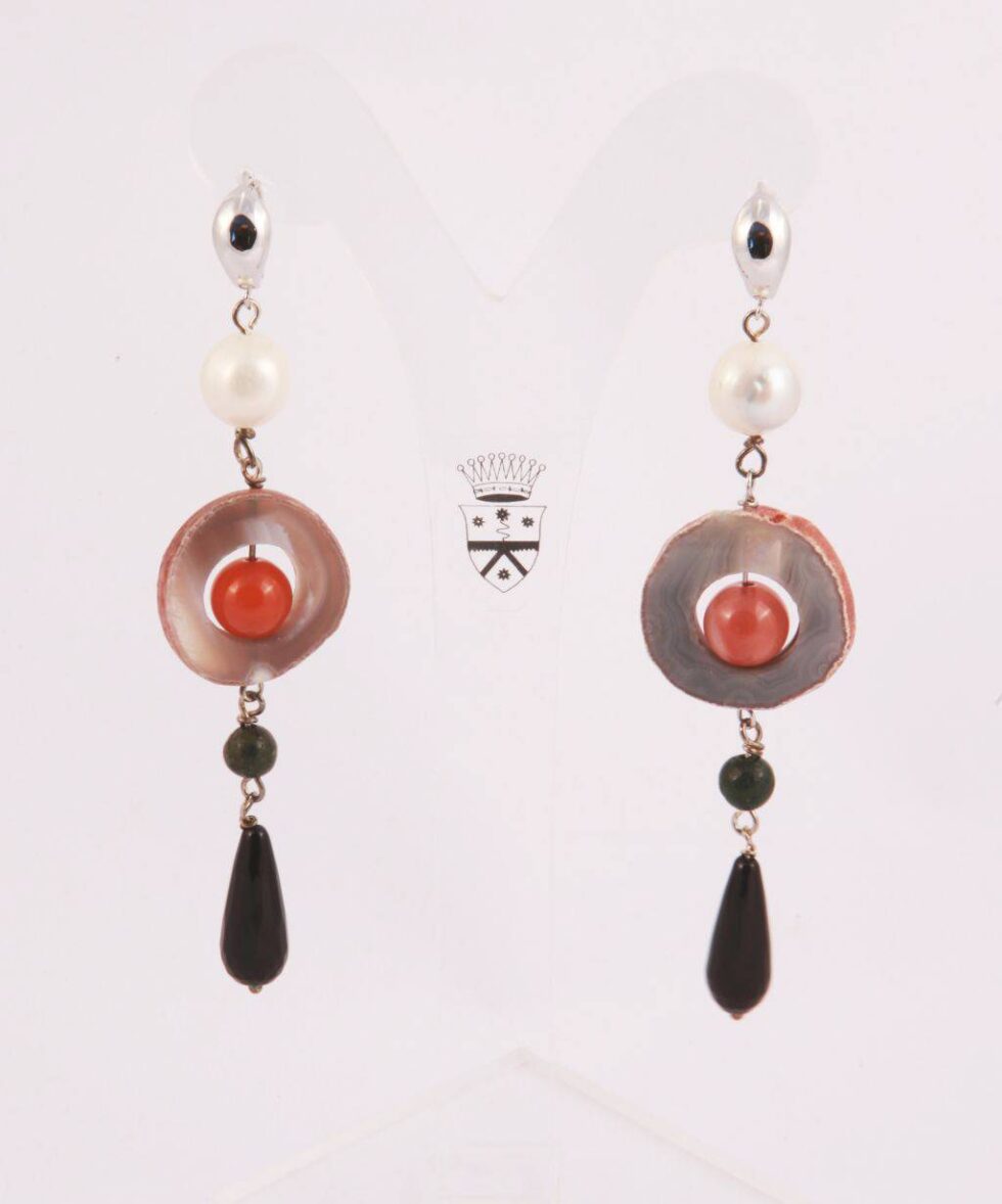 Silver earrings with pearls, onyx, agate of Botswana and jade