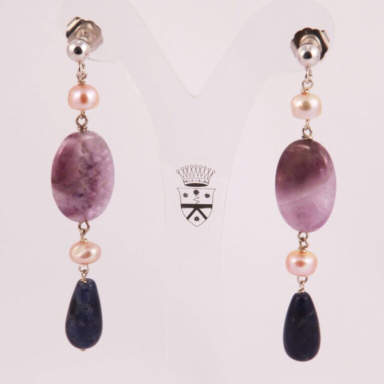 Silver earrings with pearls, amethyst and lapis lazuli