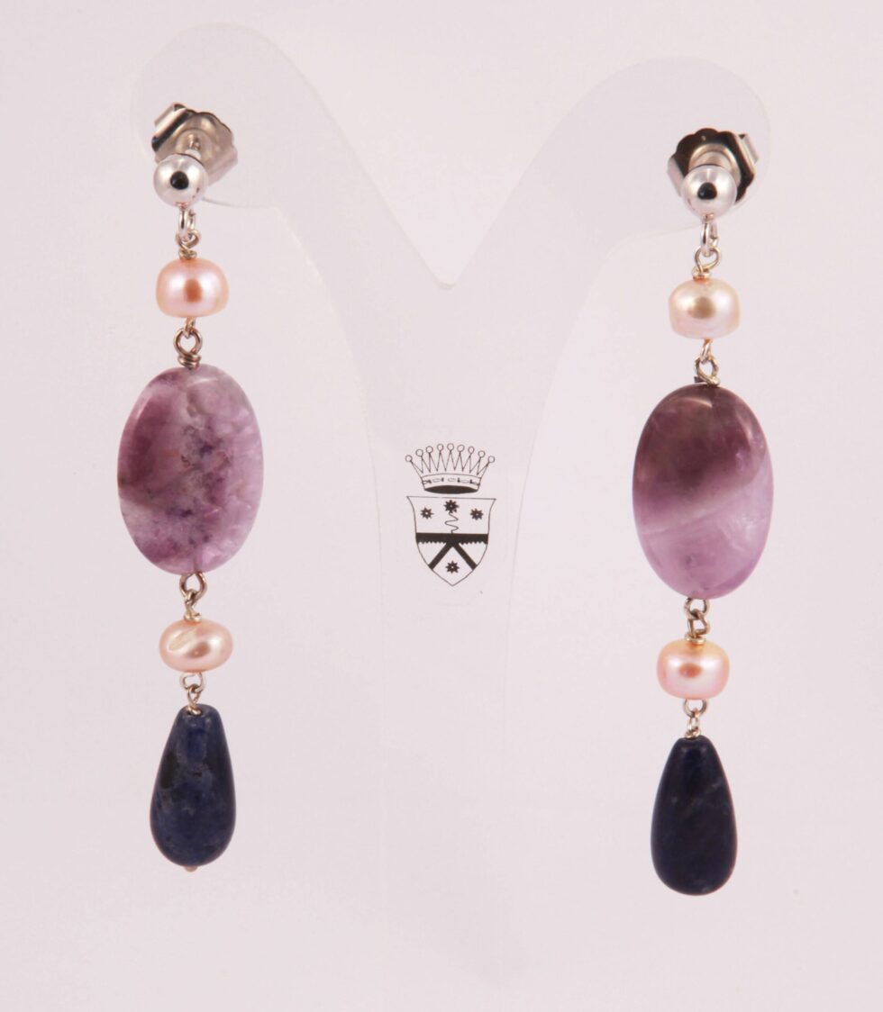 Silver earrings with pearls, amethyst and lapis lazuli